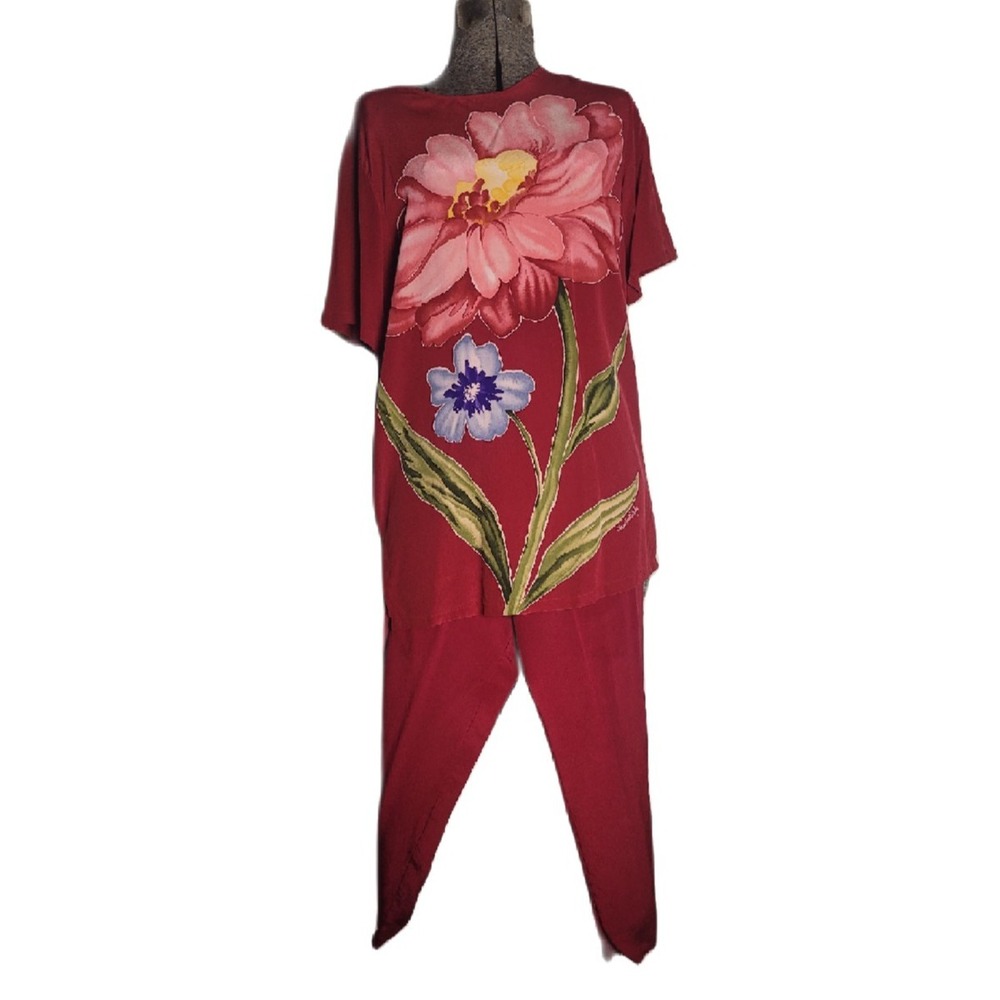 Vintage Diane Von Furstenberg Red Floral 100% Silk Set Top Pants Outfit Small